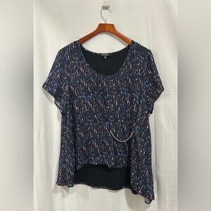 Rebel - Black, Pink & Blue Patterned Blouse with Chain Detail